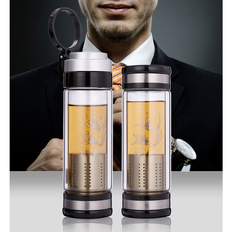 双层玻璃杯 男女便携水杯创意双盖过滤办公杯子 茶水分离耐热茶杯